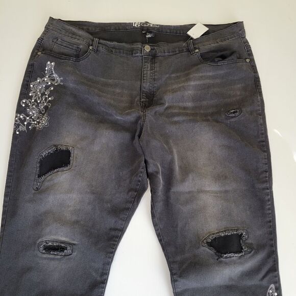 NEW 24 W boho butterfly rhinestone pearl distressed raw black stretch jeans NWT - Picture 7 of 16
